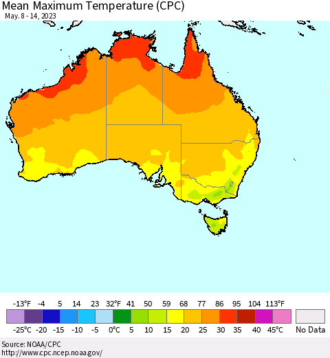 Australia Mean Maximum Temperature (CPC) Thematic Map For 5/8/2023 - 5/14/2023