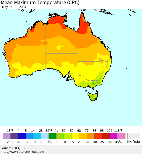 Australia Mean Maximum Temperature (CPC) Thematic Map For 5/15/2023 - 5/21/2023