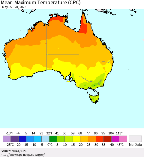 Australia Mean Maximum Temperature (CPC) Thematic Map For 5/22/2023 - 5/28/2023