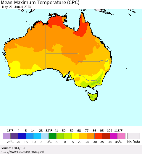 Australia Mean Maximum Temperature (CPC) Thematic Map For 5/29/2023 - 6/4/2023