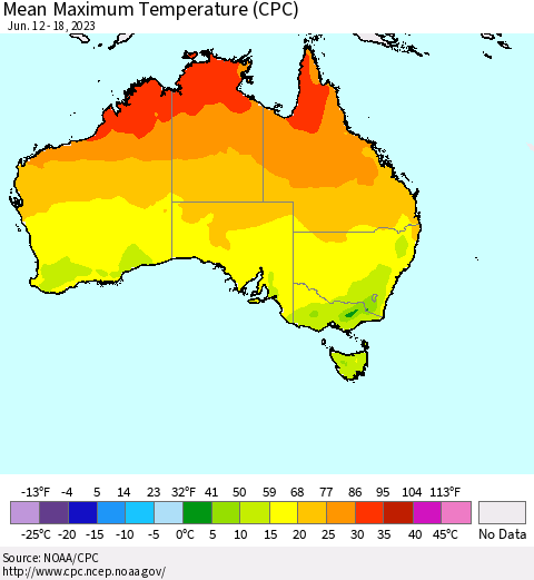 Australia Mean Maximum Temperature (CPC) Thematic Map For 6/12/2023 - 6/18/2023