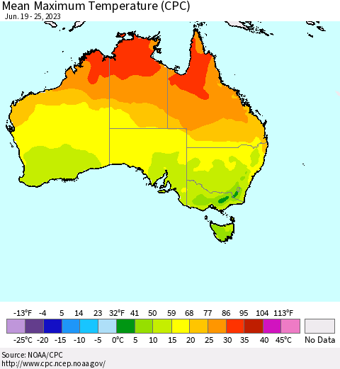 Australia Mean Maximum Temperature (CPC) Thematic Map For 6/19/2023 - 6/25/2023