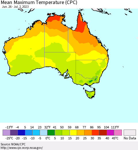 Australia Mean Maximum Temperature (CPC) Thematic Map For 6/26/2023 - 7/2/2023