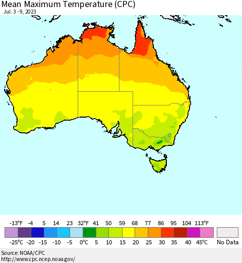 Australia Mean Maximum Temperature (CPC) Thematic Map For 7/3/2023 - 7/9/2023