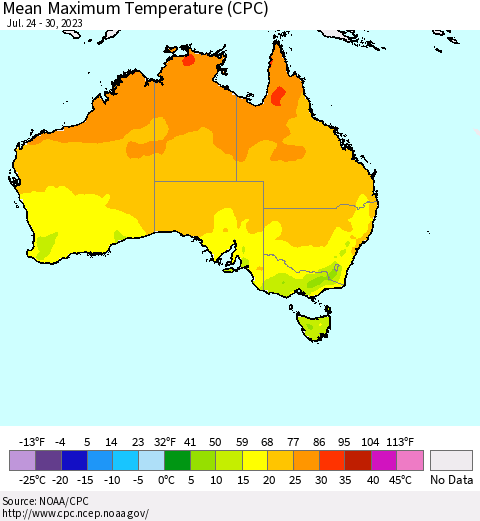 Australia Mean Maximum Temperature (CPC) Thematic Map For 7/24/2023 - 7/30/2023