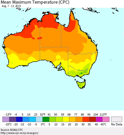Australia Mean Maximum Temperature (CPC) Thematic Map For 8/7/2023 - 8/13/2023