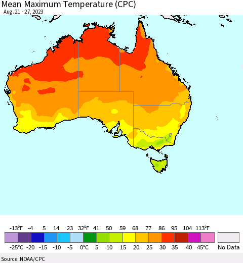Australia Mean Maximum Temperature (CPC) Thematic Map For 8/21/2023 - 8/27/2023