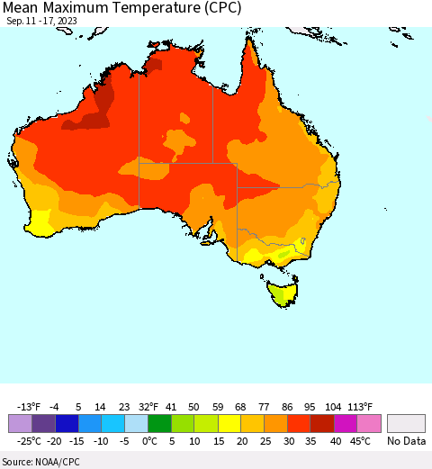 Australia Mean Maximum Temperature (CPC) Thematic Map For 9/11/2023 - 9/17/2023