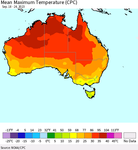 Australia Mean Maximum Temperature (CPC) Thematic Map For 9/18/2023 - 9/24/2023