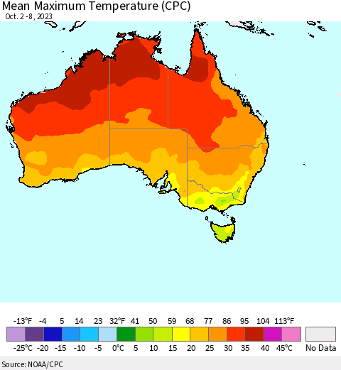Australia Mean Maximum Temperature (CPC) Thematic Map For 10/2/2023 - 10/8/2023