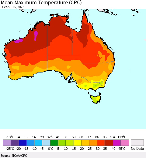 Australia Mean Maximum Temperature (CPC) Thematic Map For 10/9/2023 - 10/15/2023