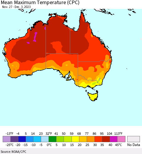 Australia Mean Maximum Temperature (CPC) Thematic Map For 11/27/2023 - 12/3/2023