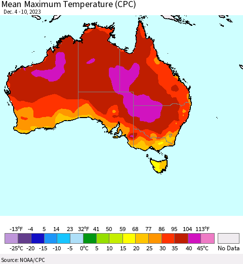 Australia Mean Maximum Temperature (CPC) Thematic Map For 12/4/2023 - 12/10/2023
