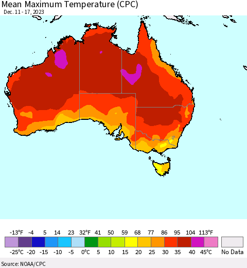 Australia Mean Maximum Temperature (CPC) Thematic Map For 12/11/2023 - 12/17/2023