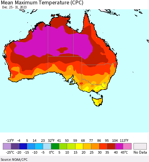 Australia Mean Maximum Temperature (CPC) Thematic Map For 12/25/2023 - 12/31/2023