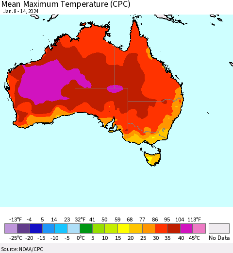 Australia Mean Maximum Temperature (CPC) Thematic Map For 1/8/2024 - 1/14/2024