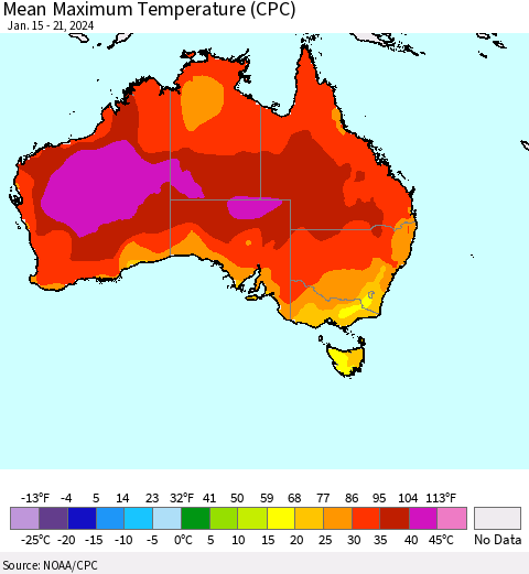 Australia Mean Maximum Temperature (CPC) Thematic Map For 1/15/2024 - 1/21/2024