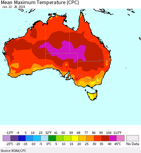 Australia Mean Maximum Temperature (CPC) Thematic Map For 1/22/2024 - 1/28/2024