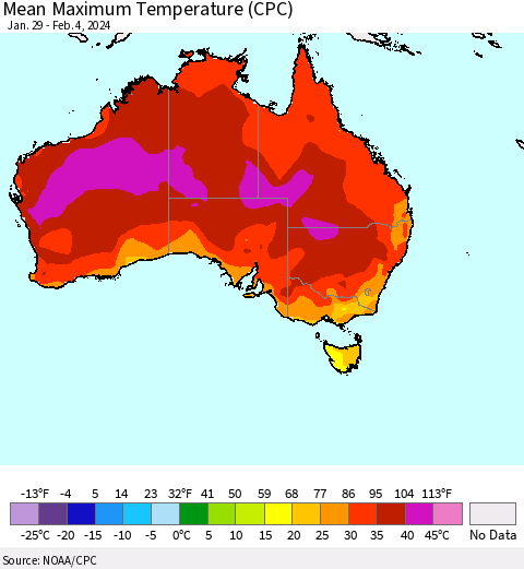 Australia Mean Maximum Temperature (CPC) Thematic Map For 1/29/2024 - 2/4/2024