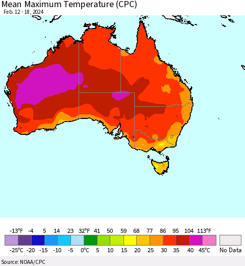 Australia Mean Maximum Temperature (CPC) Thematic Map For 2/12/2024 - 2/18/2024