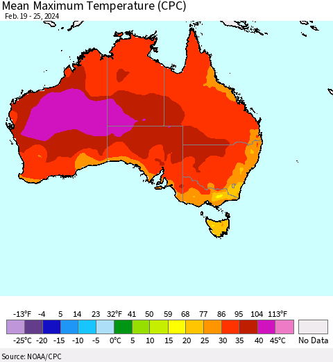 Australia Mean Maximum Temperature (CPC) Thematic Map For 2/19/2024 - 2/25/2024