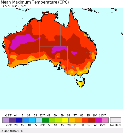 Australia Mean Maximum Temperature (CPC) Thematic Map For 2/26/2024 - 3/3/2024