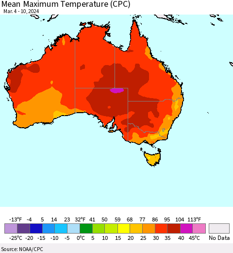 Australia Mean Maximum Temperature (CPC) Thematic Map For 3/4/2024 - 3/10/2024