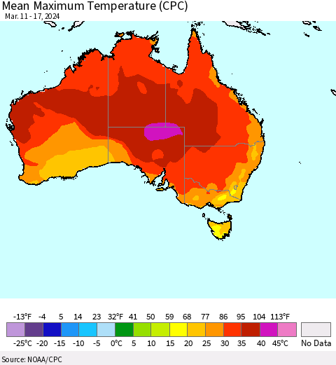 Australia Mean Maximum Temperature (CPC) Thematic Map For 3/11/2024 - 3/17/2024