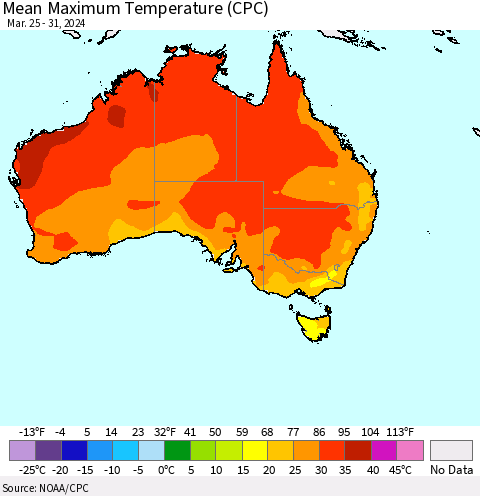 Australia Mean Maximum Temperature (CPC) Thematic Map For 3/25/2024 - 3/31/2024