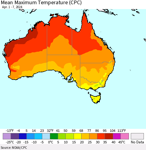 Australia Mean Maximum Temperature (CPC) Thematic Map For 4/1/2024 - 4/7/2024