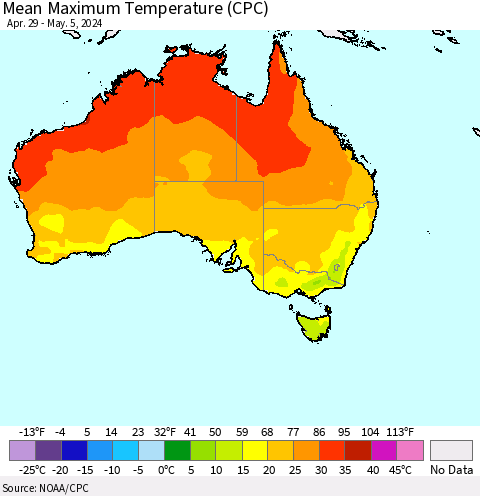 Australia Mean Maximum Temperature (CPC) Thematic Map For 4/29/2024 - 5/5/2024