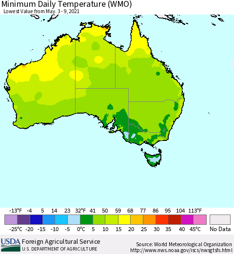 Australia Minimum Daily Temperature (WMO) Thematic Map For 5/3/2021 - 5/9/2021