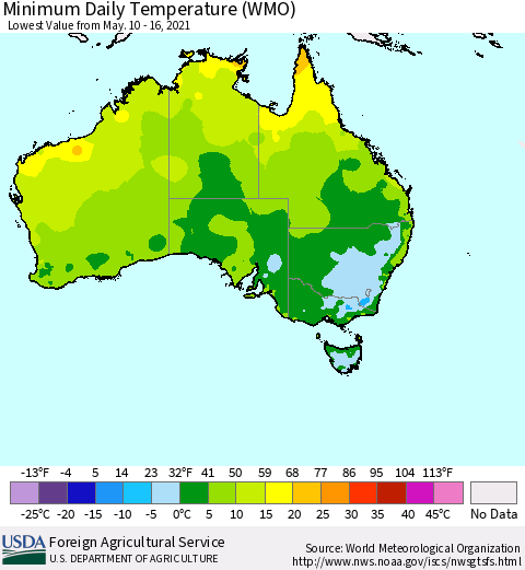 Australia Minimum Daily Temperature (WMO) Thematic Map For 5/10/2021 - 5/16/2021
