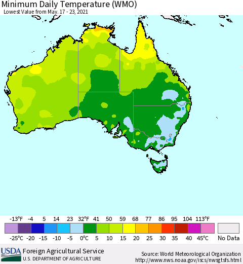 Australia Minimum Daily Temperature (WMO) Thematic Map For 5/17/2021 - 5/23/2021