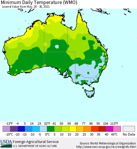 Australia Minimum Daily Temperature (WMO) Thematic Map For 5/24/2021 - 5/30/2021
