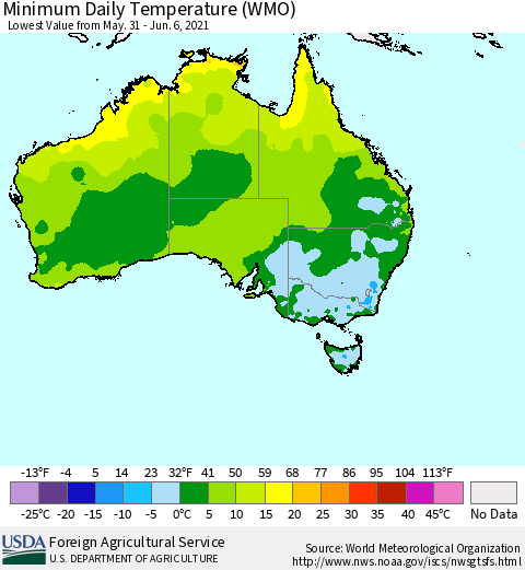 Australia Minimum Daily Temperature (WMO) Thematic Map For 5/31/2021 - 6/6/2021