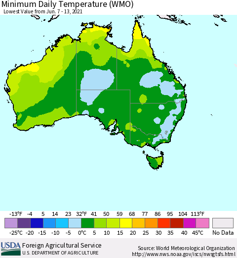 Australia Minimum Daily Temperature (WMO) Thematic Map For 6/7/2021 - 6/13/2021