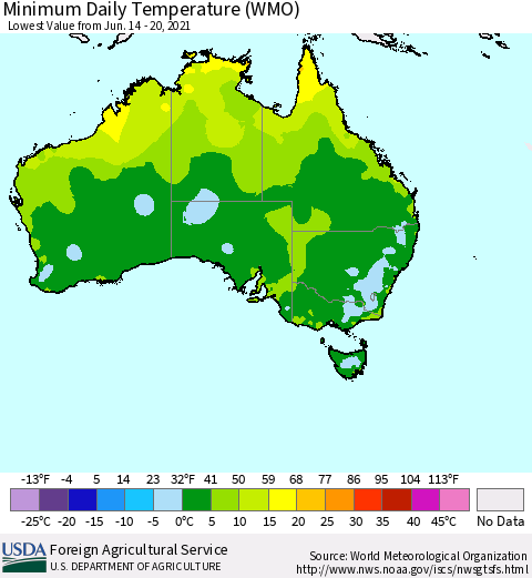 Australia Minimum Daily Temperature (WMO) Thematic Map For 6/14/2021 - 6/20/2021