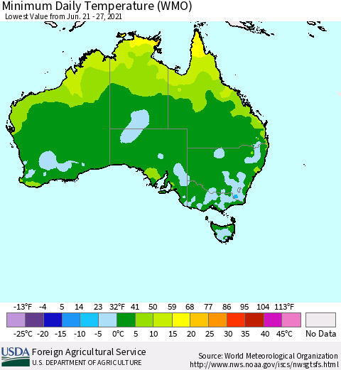 Australia Minimum Daily Temperature (WMO) Thematic Map For 6/21/2021 - 6/27/2021