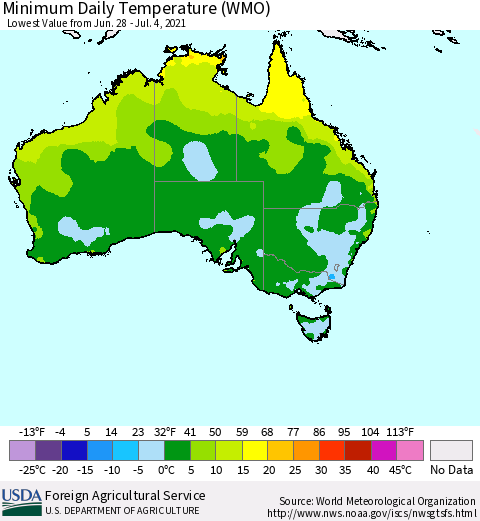 Australia Minimum Daily Temperature (WMO) Thematic Map For 6/28/2021 - 7/4/2021
