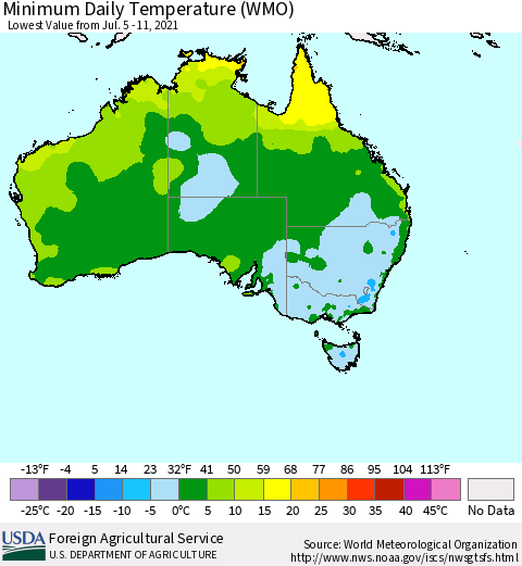 Australia Minimum Daily Temperature (WMO) Thematic Map For 7/5/2021 - 7/11/2021
