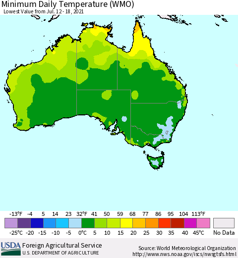 Australia Minimum Daily Temperature (WMO) Thematic Map For 7/12/2021 - 7/18/2021