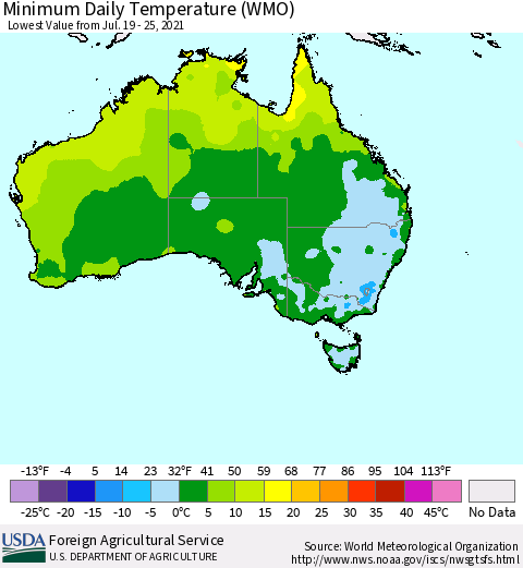 Australia Minimum Daily Temperature (WMO) Thematic Map For 7/19/2021 - 7/25/2021