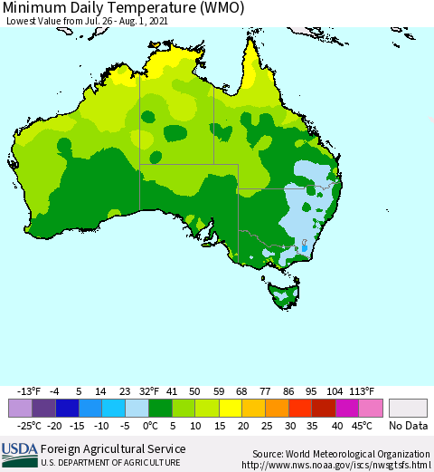 Australia Minimum Daily Temperature (WMO) Thematic Map For 7/26/2021 - 8/1/2021