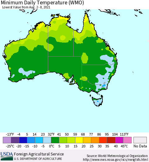 Australia Minimum Daily Temperature (WMO) Thematic Map For 8/2/2021 - 8/8/2021