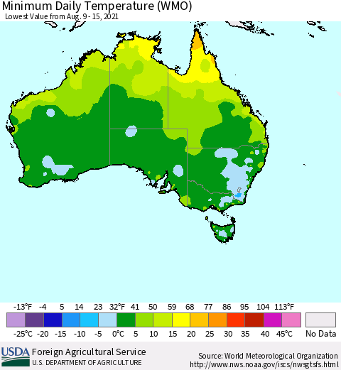 Australia Minimum Daily Temperature (WMO) Thematic Map For 8/9/2021 - 8/15/2021