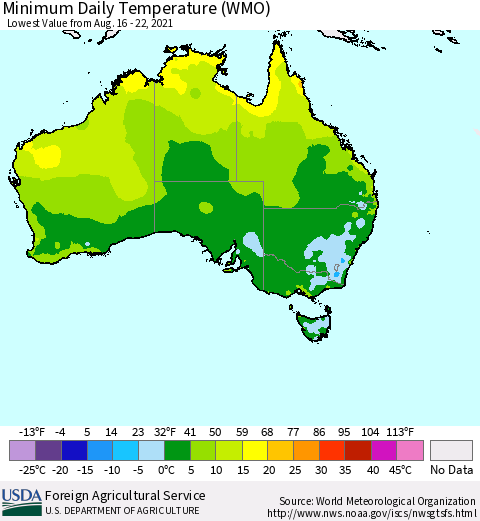 Australia Minimum Daily Temperature (WMO) Thematic Map For 8/16/2021 - 8/22/2021