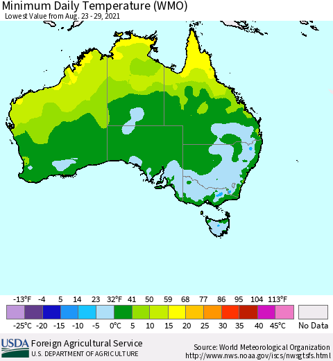 Australia Minimum Daily Temperature (WMO) Thematic Map For 8/23/2021 - 8/29/2021