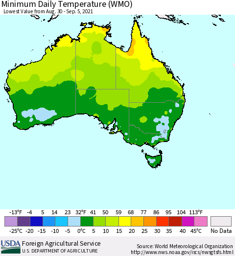 Australia Minimum Daily Temperature (WMO) Thematic Map For 8/30/2021 - 9/5/2021