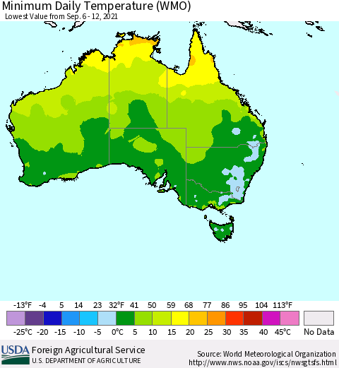 Australia Minimum Daily Temperature (WMO) Thematic Map For 9/6/2021 - 9/12/2021
